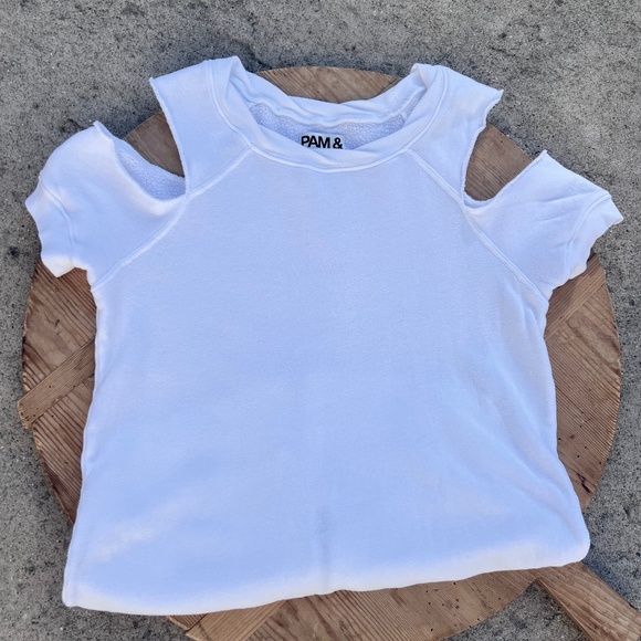 Pam & Gela Tops - Pam and Gela -Cold Shoulders Cut Out Short Sleeve Sweat Shirt /Tee- White